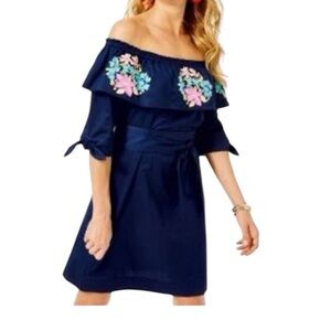 Lilly Pulitzer Embroidered Vanessa Dress Off Shoulder Shift True Navy